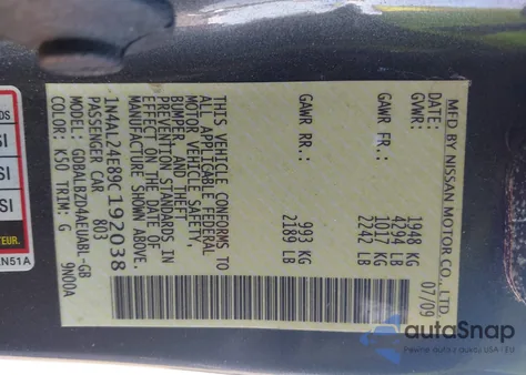 2009 Nissan Altima 2.5 S z USA, uszkodzony, nr VIN 1N4AL24E89C192038